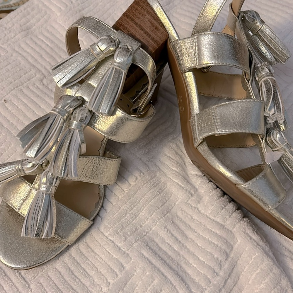 crown and block heels, sandals tassels color is actually champagne